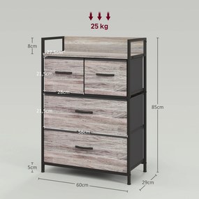 Cómoda de Quarto Armário de Armazenamento com 4 Gavetas Dobráveis Prateleira Aberta e Estrutura de Aço para Sala Entrada 60x29x85 cm Cinzento