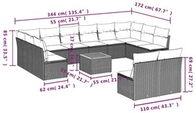 13 pcs conjunto sofás p/ jardim c/ almofadões vime PE cinzento