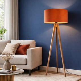 Candeeiro de pé de madeira com abajur laranja e interior dourado 50cm - Tripod Classic