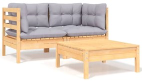 vidaXL 3 pcs conj. lounge jardim c/ almofadões cinzentos pinho maciço