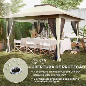 Pérgola Dobrável 356x356x280 cm com 4 Paredes Laterais de Malha Anti-UV Altura Ajustável e Bolsa de Transporte Bege e Castanha