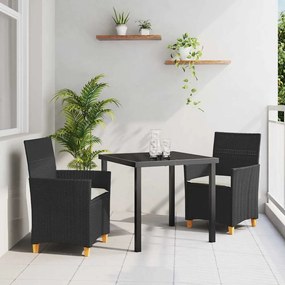 vidaXL Conjunto de Jantar de Jardim de 3 Peças com Almofadas Preto Vime Sintético