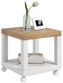 HOMCOM Mesa Auxiliar com Rodas Mesa Auxiliar com Prateleira Aberta para Sofá Dormitório 40x40x40 cm Branco e Madeira | Aosom Portugal