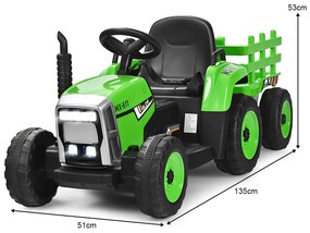Trator infantil 12 V com reboque removível e carro de brinquedo elétrico com controle remoto verde