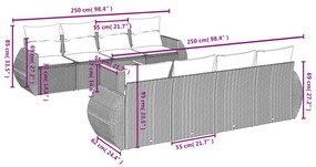 9 pcs conjunto sofás p/ jardim com almofadões vime PE cinzento