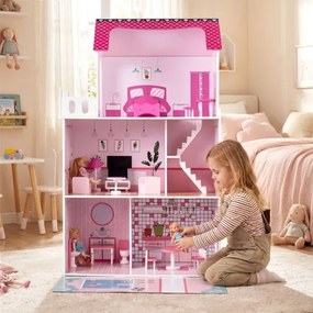 Casa de bonecas de madeira 74,5 x 34 x 120,5 cm com 18 peças de mobiliário e escada rosa