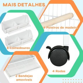 Gaiola para Pássaros 2 em 1 com 2 Andares Rodas 4 Comedouros 4 Poleiros e Bandejas Amovíveis  78x75x168 cm Branco
