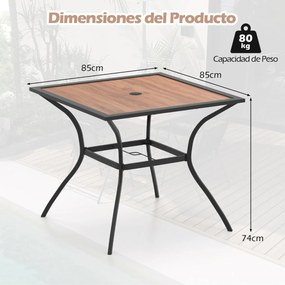Mesa de jantar de jardim para 4 pessoas quadrada com orifício ajustável para guarda-sol e tampo de imitação madeira