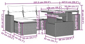 7 pcs conjunto de sofás jardim c/ almofadões vime PE castanho