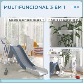 Conjunto de Escorrega e Baloiço para Crianças 3 em 1 para 18-48 Meses Cesto de Basquetebol 150x185x92 cm Branco e Azul