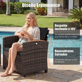 Conjunto de 3 móveis de rattan para jardim, com 2 cadeiras, mesa de vidro e almofadas pretas com capas removíveis, para jardim, terraço ou piscina Cas
