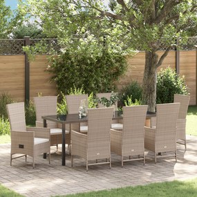vidaXL Conjunto de Jantar de Jardim 9 Peças com Almofadas Bege Vime PE