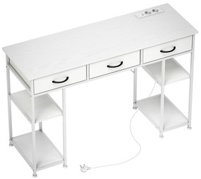 HOMCOM Mesa com Armazenamento com Tomadas Elétricas 3 Gavetas de Tecido e 4 Prateleiras de Armazenamento 120x40x76 cm Branco | Aosom Portugal