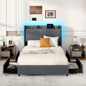 Estrutura de cama dupla com luzes LED 200 x 140 cm (SEM COLCHÃO), com estação de carregamento, e 4 gavetas, cinzenta