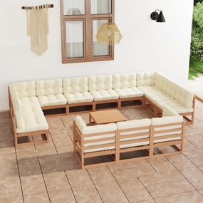 vidaXL 14 pcs conj. lounge jardim almofadões pinho maciço castanho mel