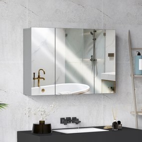 Armário de parede para casa de banho 90 x 15 x 60 cm com 3 portas espelhadas e prateleiras ajustáveis em MDF cinzento