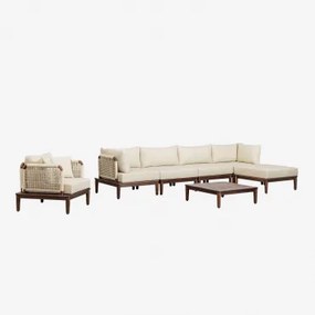 Conjunto De Jardim Com Sofá Modular 4 Peças Com 2 Poltronas De Canto, Mesa De Centro, Puff E Poltrona Em Acácia Giulia Castanho-acácia Escuro - Sklum