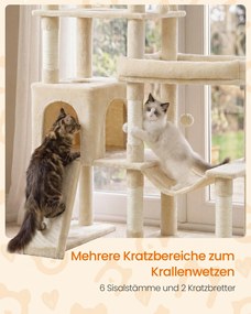 Grande arranhador para gatos 105 x 45 x 202 cm, com 6 áreas de descanso e troncos de sisal em bege