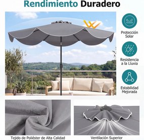 Guarda-sol de 270 cm para terraço exterior com inclinação bidirecional de 30° (BASE NÃO INCLUIDA), 8 varas metálicas, manivela e volantes decorativos