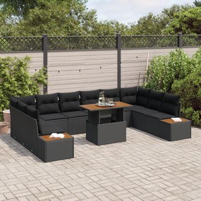 Conjunto de Jantar de 11 Peças com Almofadas Preto Rattan Poli Aço