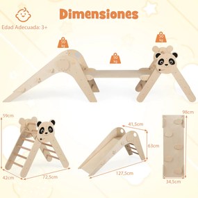 Parque dobrável para escalada para crianças Montessori de escalada em madeira com tema de panda Ginásio interior com escorrega Natural