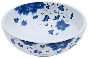Lavatório de bancada redondo Φ41x14 cm cerâmica branco e azul