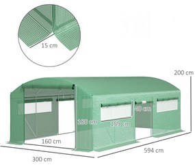 Estufa tipo Túnel 6x3x2 m Estufa de Exterior com 4 Janelas de Malha Cobertura de PE Anti UV e 3 Portas Enroláveis Verde