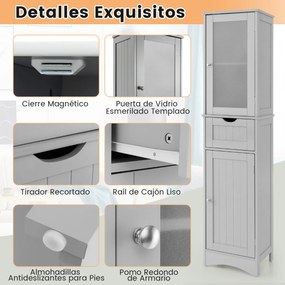 Armário Alto de Casa de Banho com 2 Portas e 1 Gaveta, 40 x 30 x 170 cm, Prateleiras Ajustáveis, Cinzento