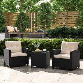 Conjunto de móveis de jardim de 3 peças de rattan com almofadas de assento e encosto e Mesa de centro de vidro temperado preto / creme