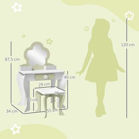 Toucador Crianças com Espelho e Banco Toucador de Maquilhagem para Crianças de 3-6 Anos 55x34x87,5 cm Branco e Verde Pastel