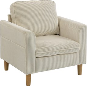 Poltrona de sala em veludo canelado 83 x 74 x 87 cm, sofá de 1 lugar estofado com assento largo e almofada com molas, bege