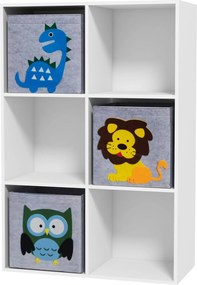 ZONEKIZ Estante Brinquedos 6 Compartimentos 3 Caixas Tecido Desenho Animais 62x30x92cm Prática Organizada Branco Cinza | Aosom Portugal
