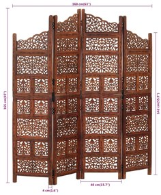 Biombo esculp mão 4 painéis 160x165cm mangueira maciça castanho