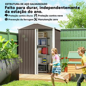 Abrigo de Jardim Metálico 136x87x179 cm Abrigo para Ferramentas com Porta de Correr Teto Inclinado e Luvas Castanho