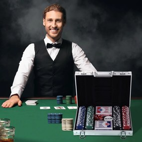 Mala de Pôquer Profissional com 200 Fichas Jogo de Pôquer Casino com Maleta de Alumínio 5 Dados 2 Baralhos de Cartas e 1 Ficha de Dealer 29,5x20,5x6,5