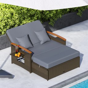 Sofá-cama de rattan para exterior com apoio para os pés com arrumação Encosto ajustável em 4 níveis e tabuleiros laterais retrácteis Castanho/cinzento