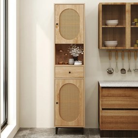 Armário estreito 170 cm de altura de rattan com portas, estantes e gavetas para sala de estar e jantar Natural