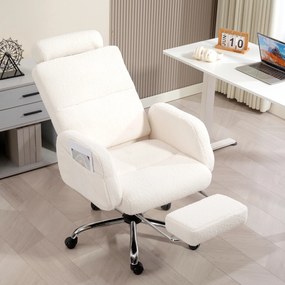Cadeira de Escritório com Apoio para Pés Estofada em Borreguito e Encosto Reclinável  67x74x107-115 cm Creme