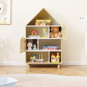 Estante infantil em forma de casa com compartimentos abertos 60 x 30 x 101 cm e pés em madeira de pinho Natural