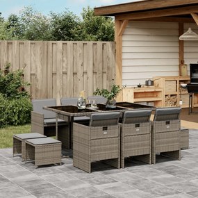 vidaXL 11 pcs conjunto jantar p/ jardim c/ almofadões vime PE cinzento