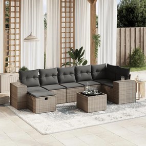 8 pcs conjunto sofás de jardim c/ almofadões vime PE cinzento