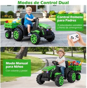 Trator elétrico para crianças 24V com faróis LED RGB Música Porta USB Reboque removível e controle remoto Verde