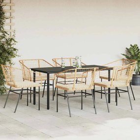 Conjunto jantar jardim 7 peças almofadas vidro vime PE castanho