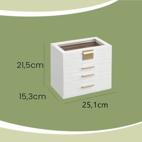 Caixa para joias com 4 níveis e tampa de vidro 15,3 x 25,1 x 21,5 cm Branca