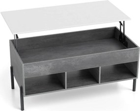 Mesa de centro 100 x 50 x 45 cm elevável com tampo ajustável, amplo compartimento oculto e 3 espaços abertos, com pés em metal cinzenta
