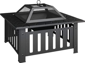 Outsunny Braseiro Exterior Quadrado em Aço, 67x67x47 cm, com Atiçador e Tampa de Malha, para Festas, Preto | Aosom Portugal