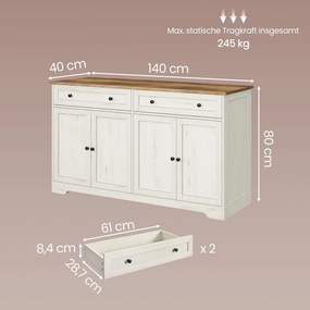 Armário de cozinha de estilo tradicional com 2 gavetas e 4 portas, 140 x 40 x 80 cm, branco vintage