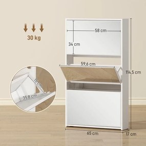 Sapateira Estreita com Espelho para 9 Pares de Sapatos para Corredor Espaços Reduzidos 65x17x114,5 cm Branco