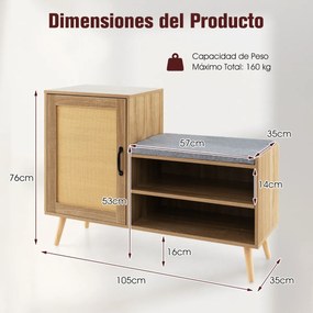 Sapateira de rattan com banco de arrumação 2 em 1 com 3 estantes ajustáveis e pernas de madeira para corredor de entrada Natural