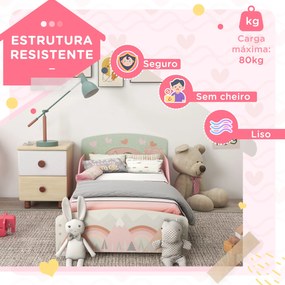Cama para Crianças de Madeira com Barreira de Proteção e Estampados Carga Máx. 40 kg 77x143x60 cm Rosa